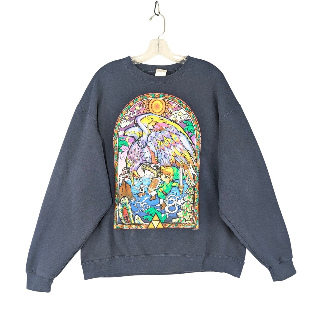 Jerzees Zelda Sweatshirt Mens XL Navy Blue Wind Waker Stained Glass Graphic